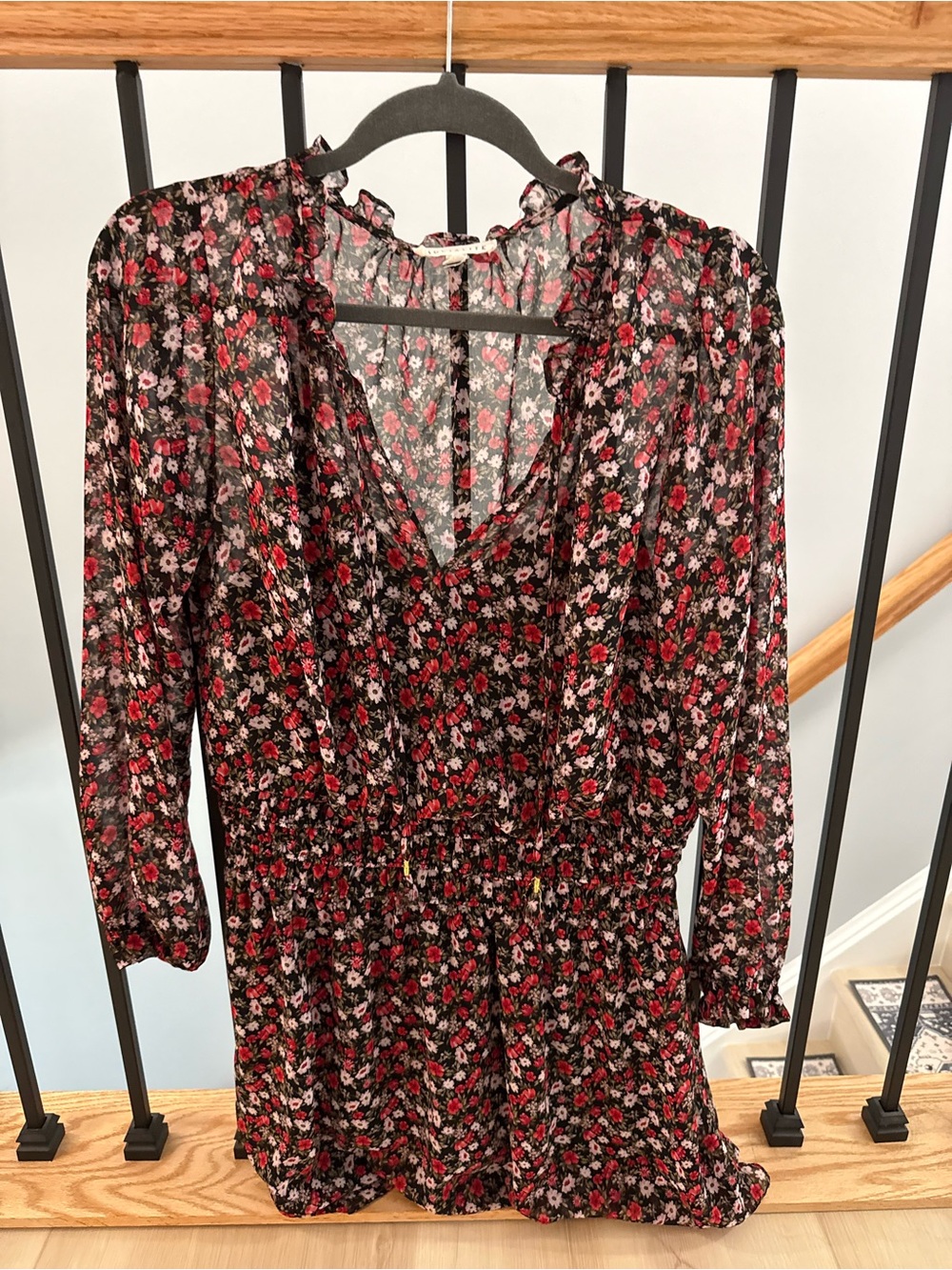 Socialite Black Floral Long-Sleeve V-Neck Mini Dress